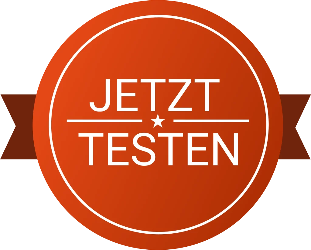 Runder roter Badge mit dem Schriftzug Jetzt Testen in Weiß.