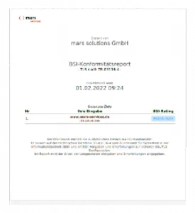 BSI-Konformitätsbericht mit Informationen zur mars solutions GmbH und dem Erstellungsdatum.
