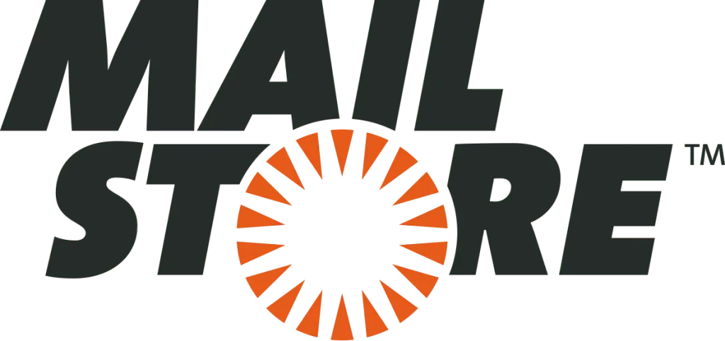 Logo von MailStore mit orangefarbenem Symbol und schwarzer Schrift.