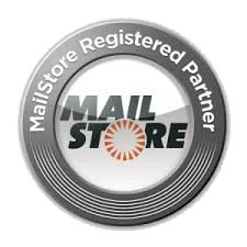 Logo des MailStore Registrierten Partners mit dem Schriftzug MailStore in Schwarz und einem grauen Hintergrund.