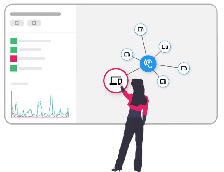 Illustration einer Person, die mit einem Analyse-Dashboard interagiert, das verschiedene Datenpunkte anzeigt.