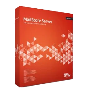 Verpackung des MailStore Servers in einem roten Karton mit geometrischem Design.