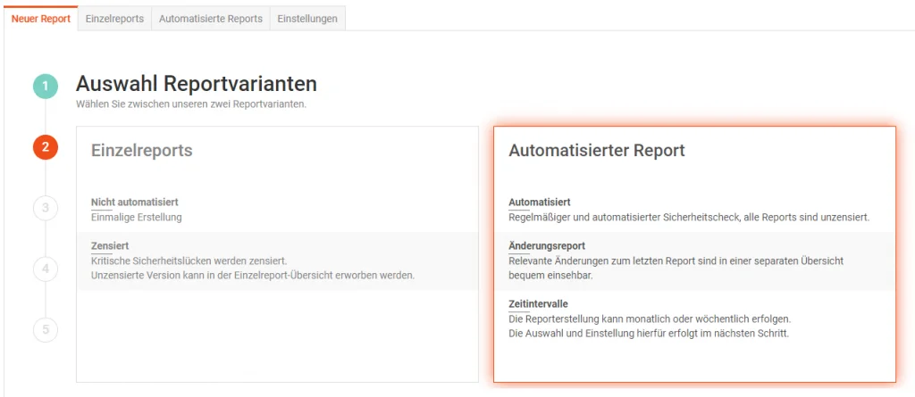 Screenshot einer Auswahlseite für verschiedene Reportvarianten mit Optionen für automatisierte und Einzelreports.
