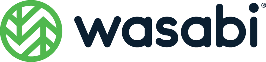 Logo von Wasabi mit grünem und blauem Schriftzug auf transparentem Hintergrund.